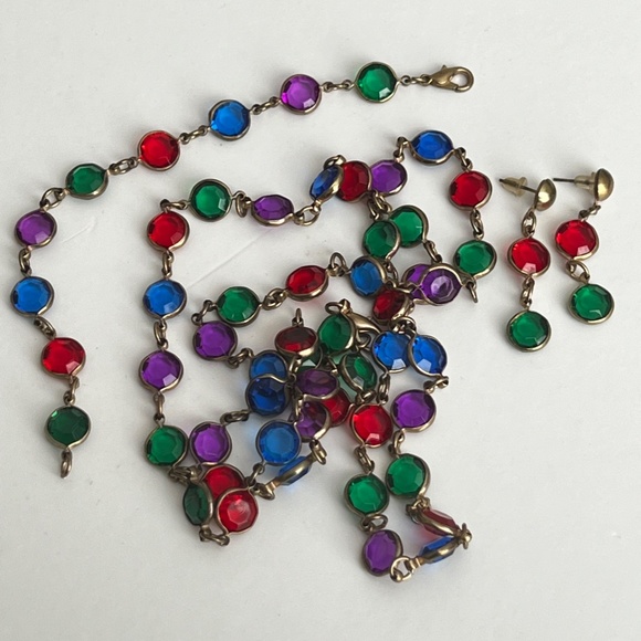 Vintage Long Caged Multicolour Crystals Necklace Bracelet Dangling Earrings 90's - Picture 3 of 13